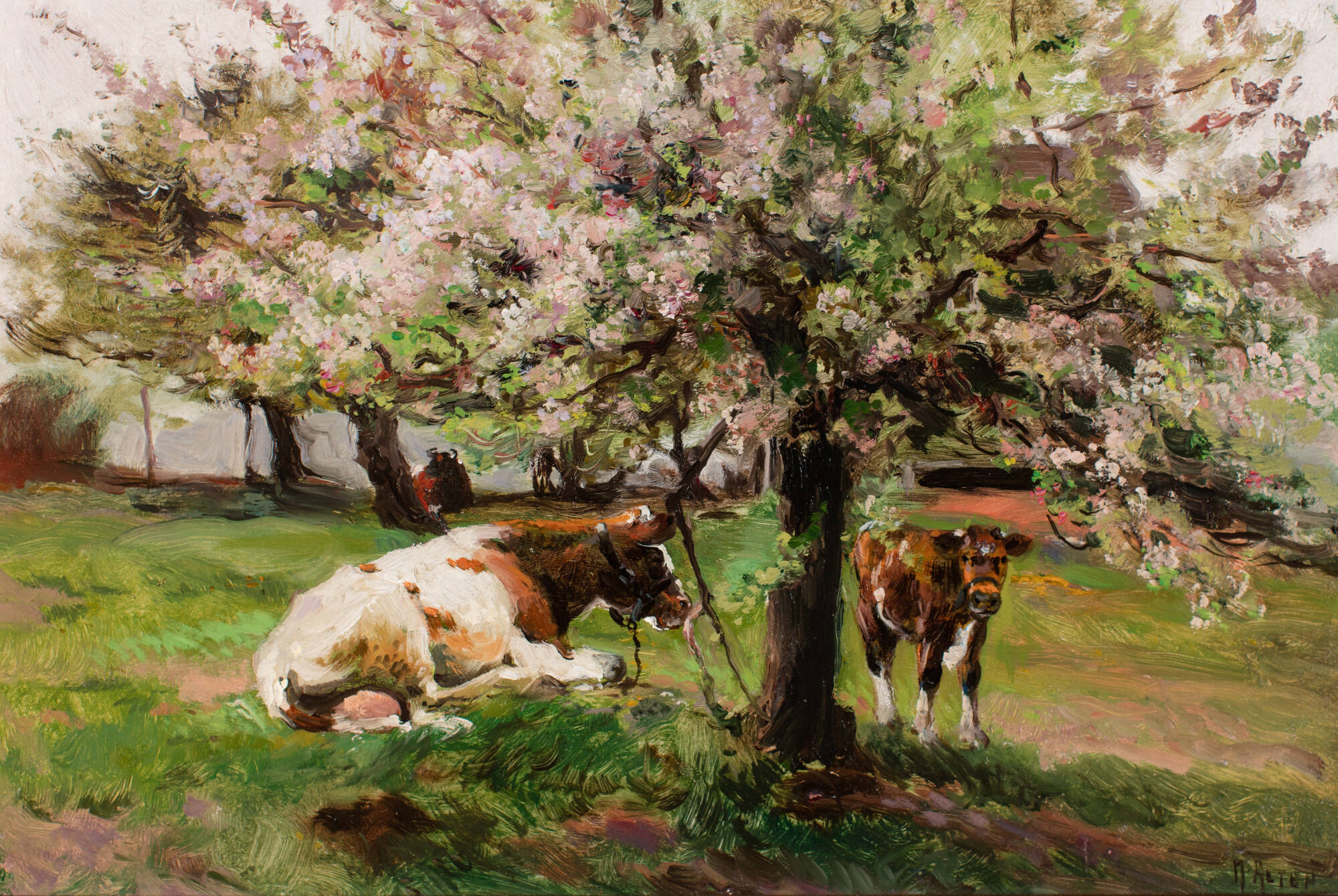 Painting of two cows under a flowering tree.